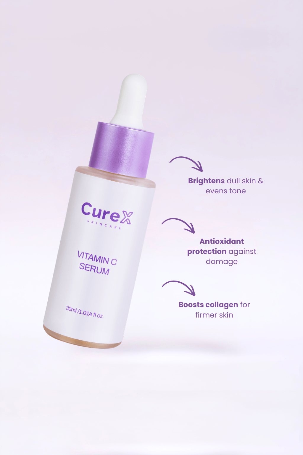 CureX skincare products on a bathroom counter with a mirror and lavender decor.