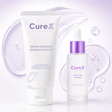 Curex skincare products including a tube and dropper bottle on a light purple background with bubbles.