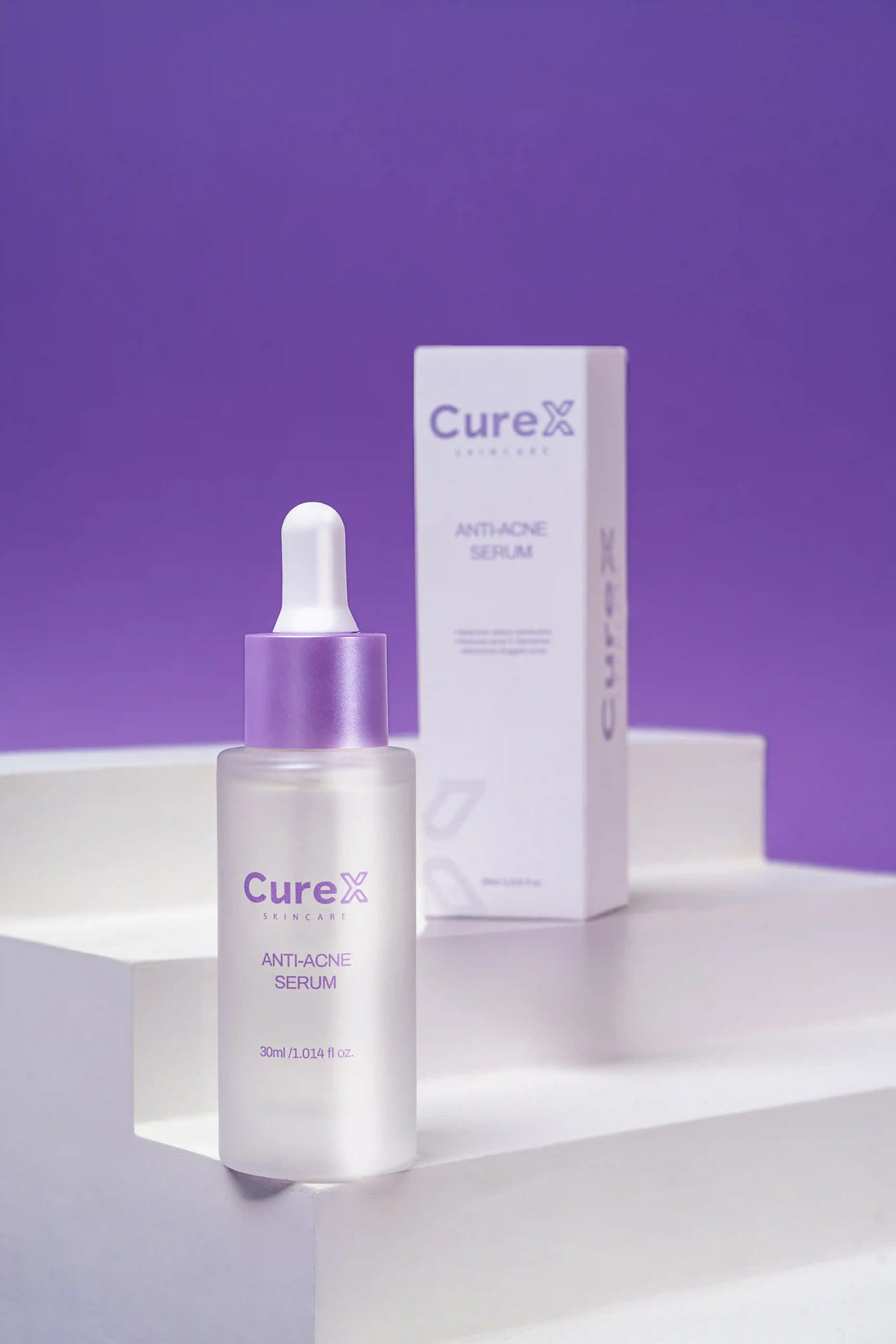 CureX anti-acne serum bottle and packaging on a white platform with purple background