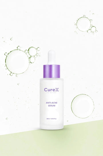 Curex anti-acne serum bottle with bubbles on a light green background