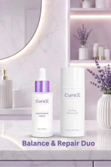 CureX skincare products on a bathroom counter with lavender decor