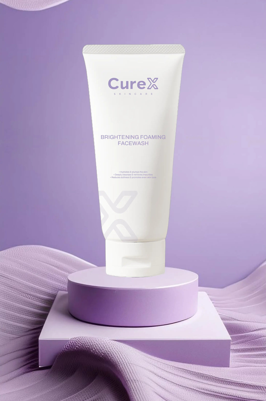 Curex brightening foaming face wash on a purple background