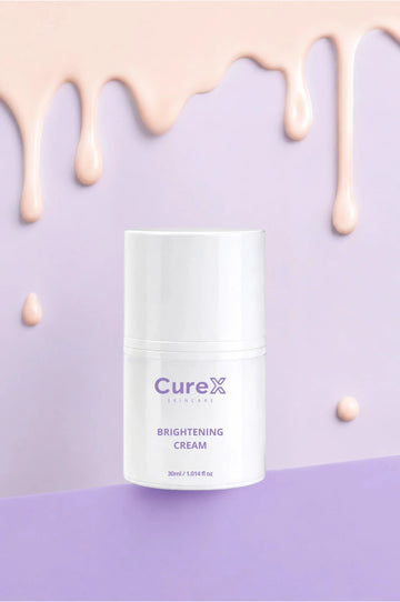 CureX brightening cream jar on a purple background with decorative elements