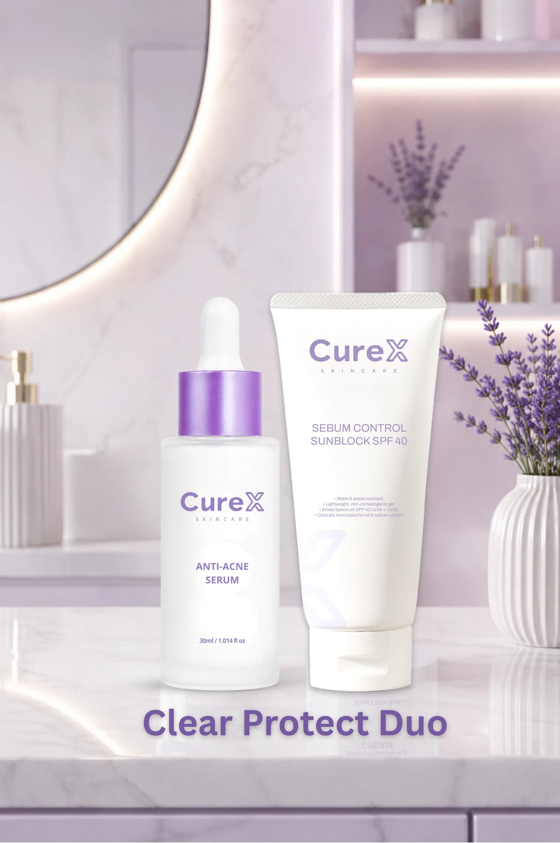 Curex skincare products on a bathroom counter with a mirror and decorative elements.