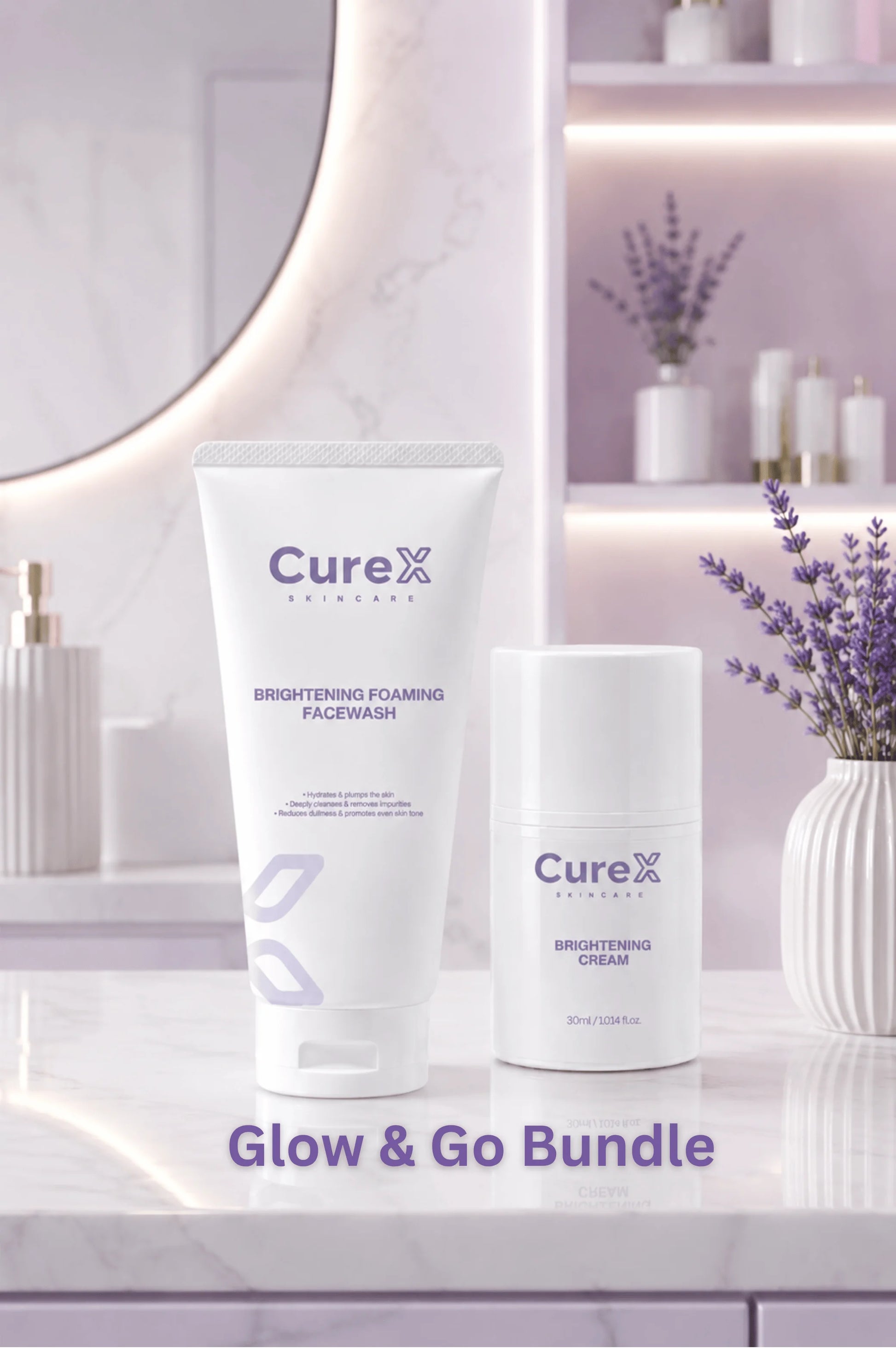 Curex skincare products on a bathroom counter with a mirror and decorative elements.