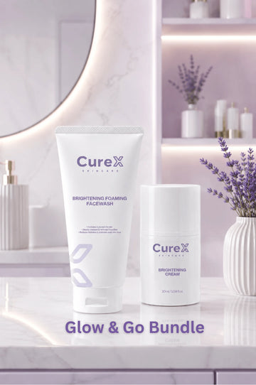Curex skincare products on a bathroom counter with a mirror and decorative elements.