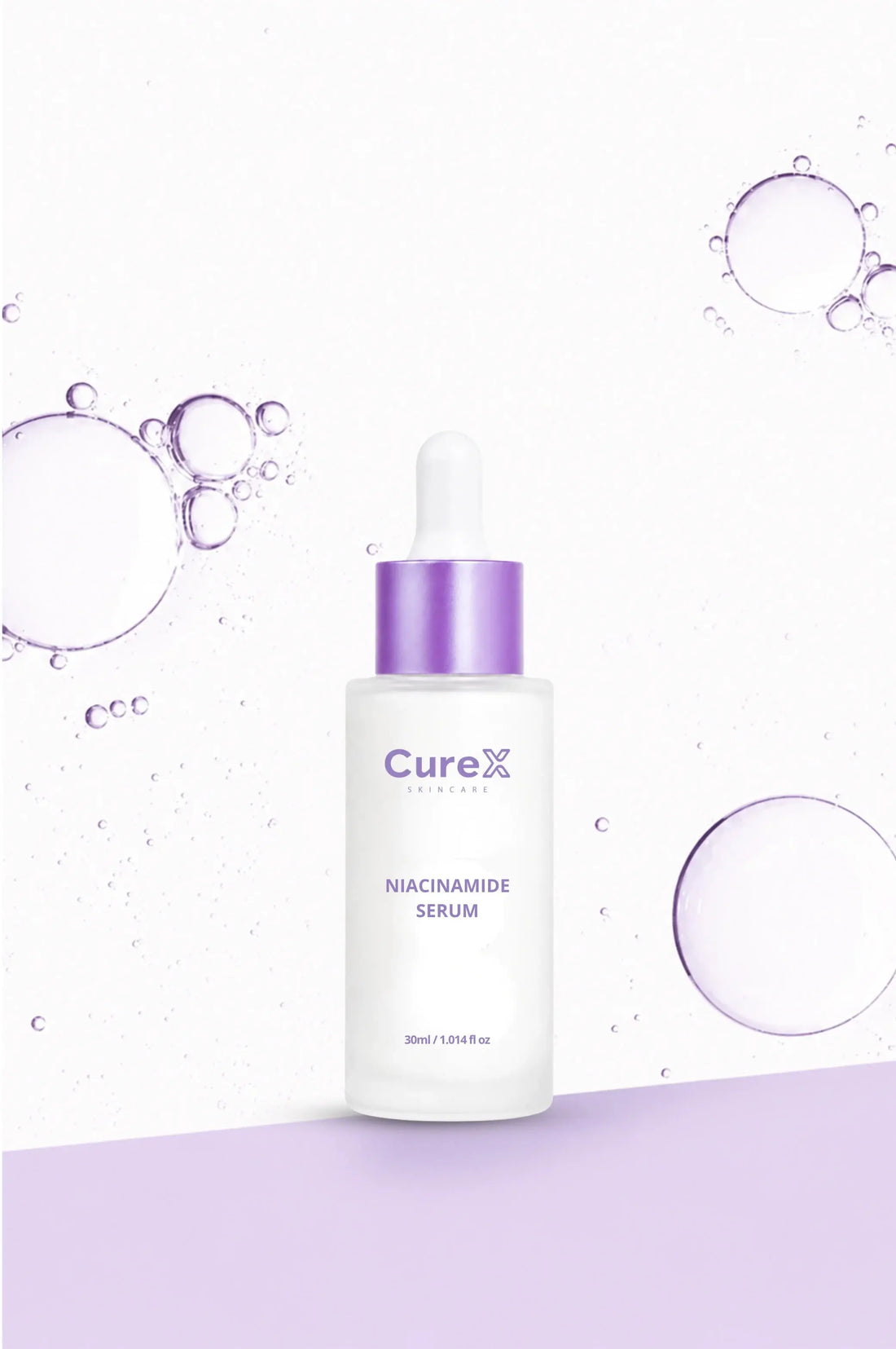 CureX niacinamide serum bottle with bubbles on a light purple background