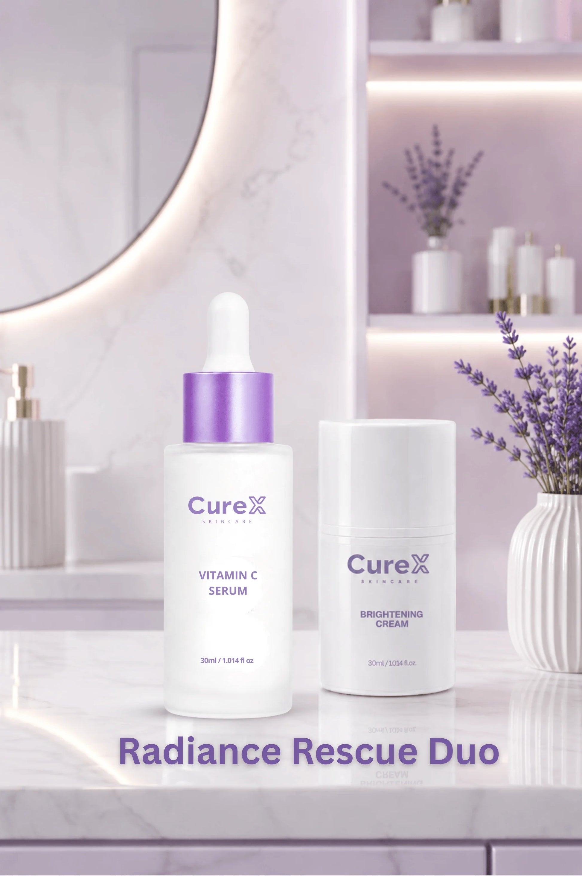 CureX skincare products on a bathroom counter with a mirror and lavender decor.