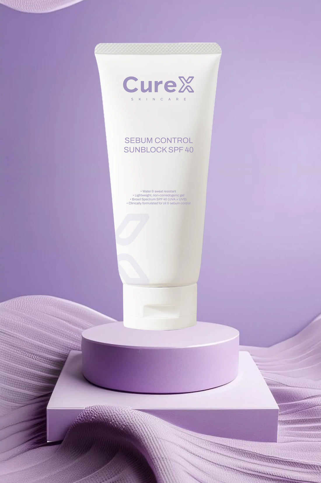 CureX skincare tube on a purple background