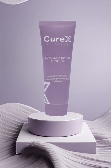Purple sunscreen tube labeled 'CureX' on a white platform with a light purple background