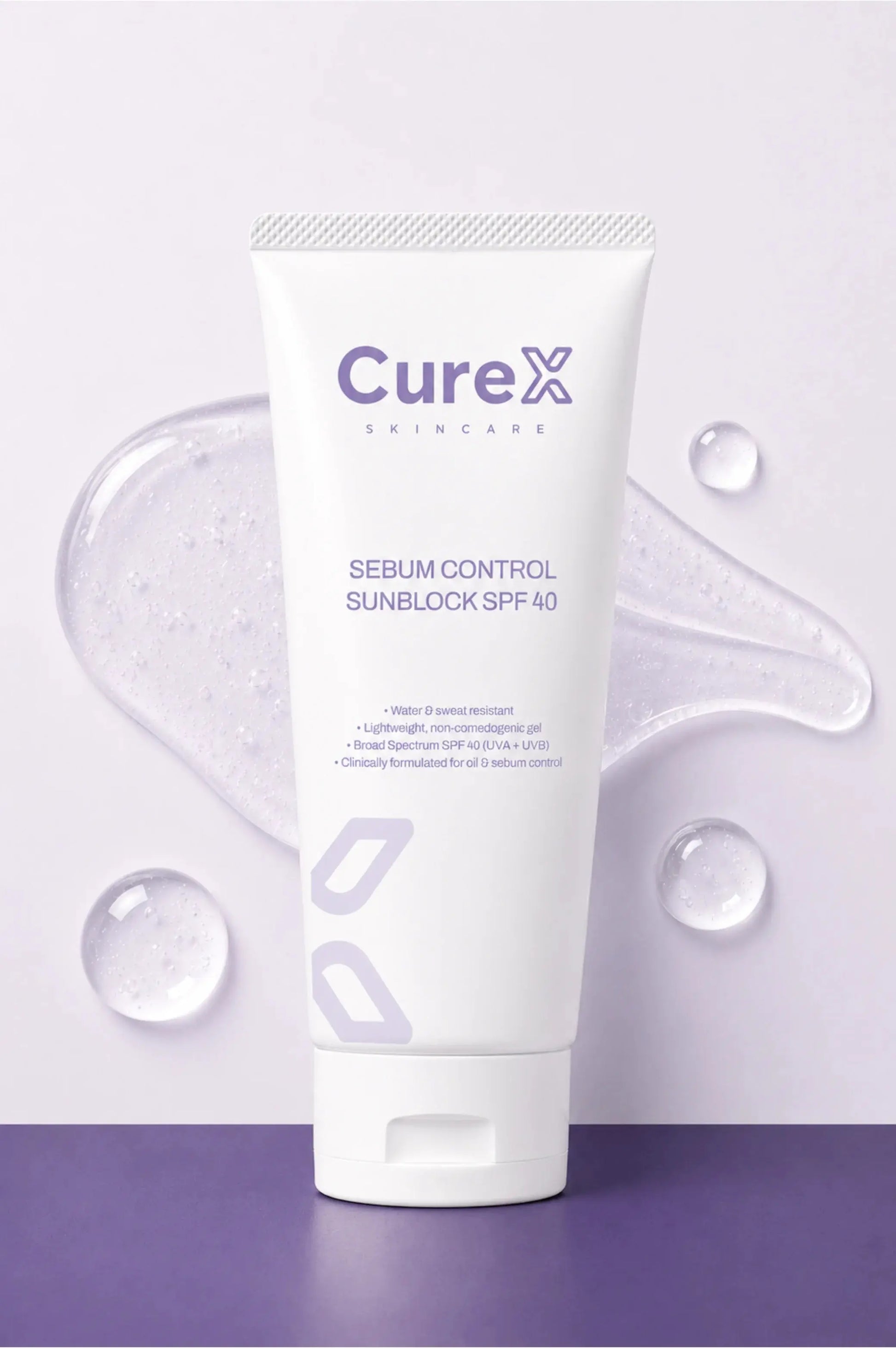 Curex Sebum Control Sunblock SPF 40 tube on a light purple background