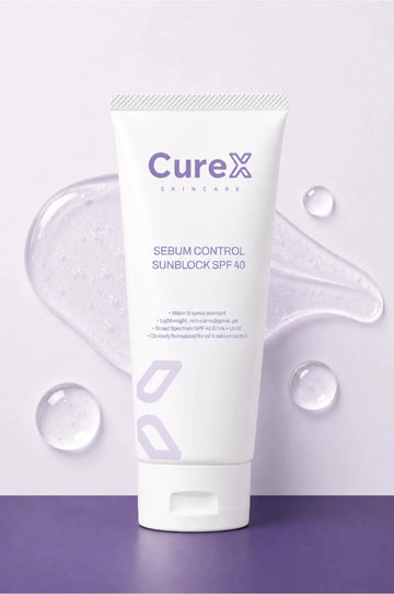 Curex Sebum Control Sunblock SPF 40 tube on a light purple background