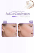 Before and after comparison of a woman's face with visible skin transformation using a sunscreen product.