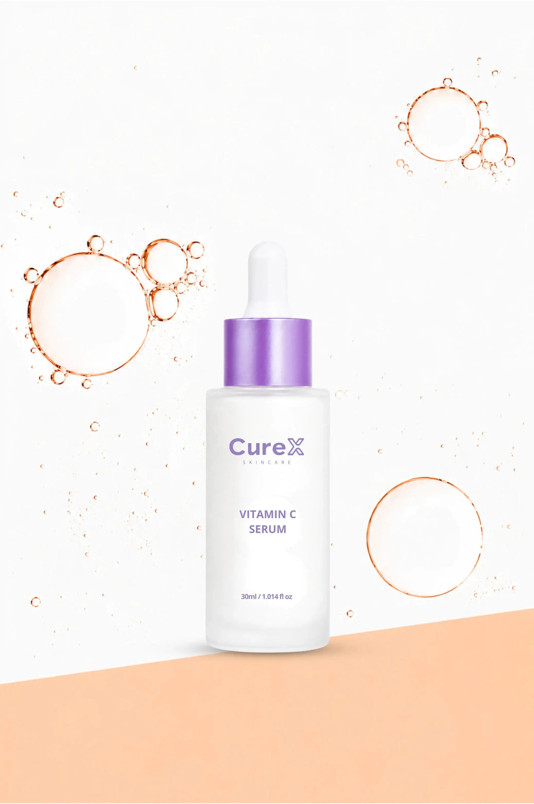 Curex Vitamin C serum bottle with a white background and decorative elements.