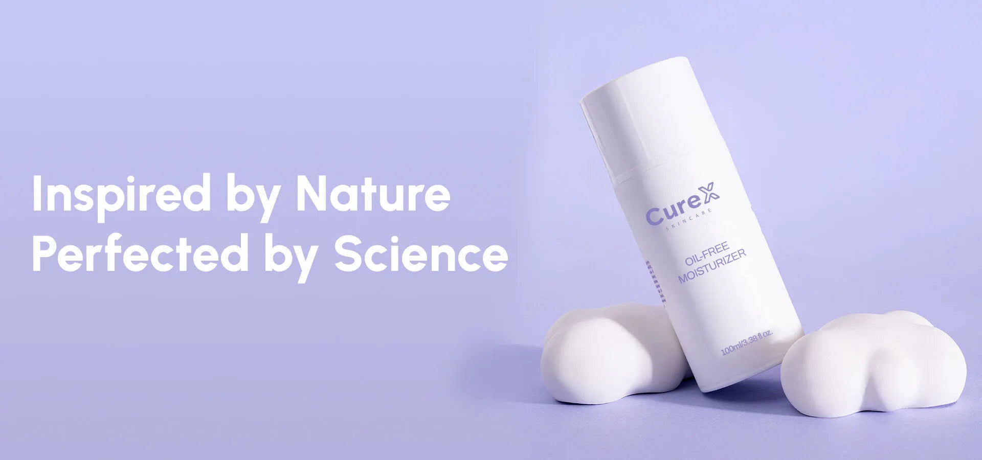 Curex oil-free moisturizer bottle with two applicators on a light purple background1621243260e1af0c20-0