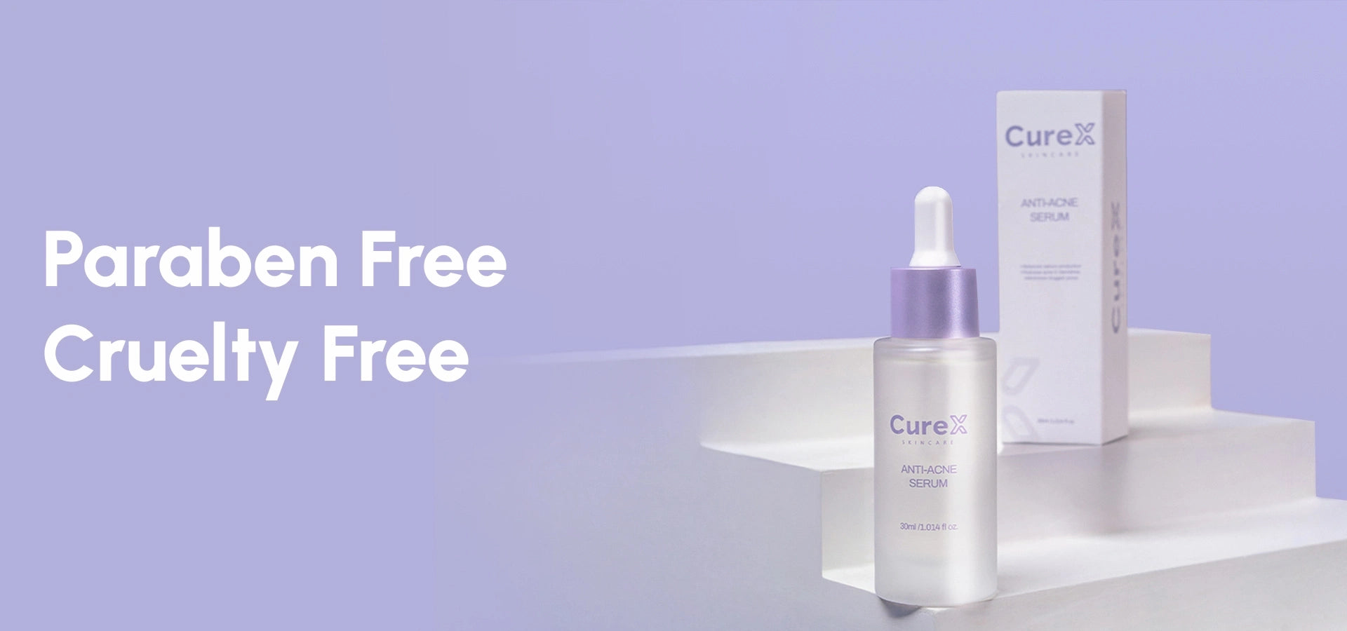 CureX anti-acne serum bottle and box on a light purple background with 'Paraben Free-Cruelty Free' text.1621243260e1af0c20-2