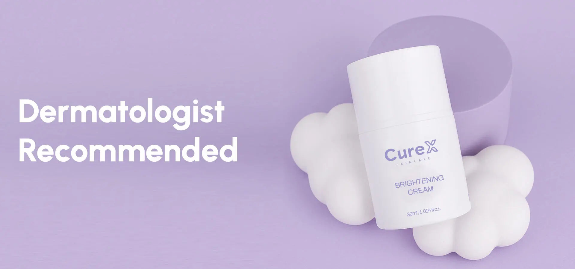 Curex Brightening Cream bottle with 'Dermatologist Recommended' text on a purple background1621243260e1af0c20-1