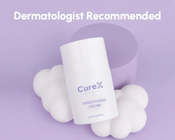 Curex Brightening Cream bottle with 'Dermatologist Recommended' text on a purple background