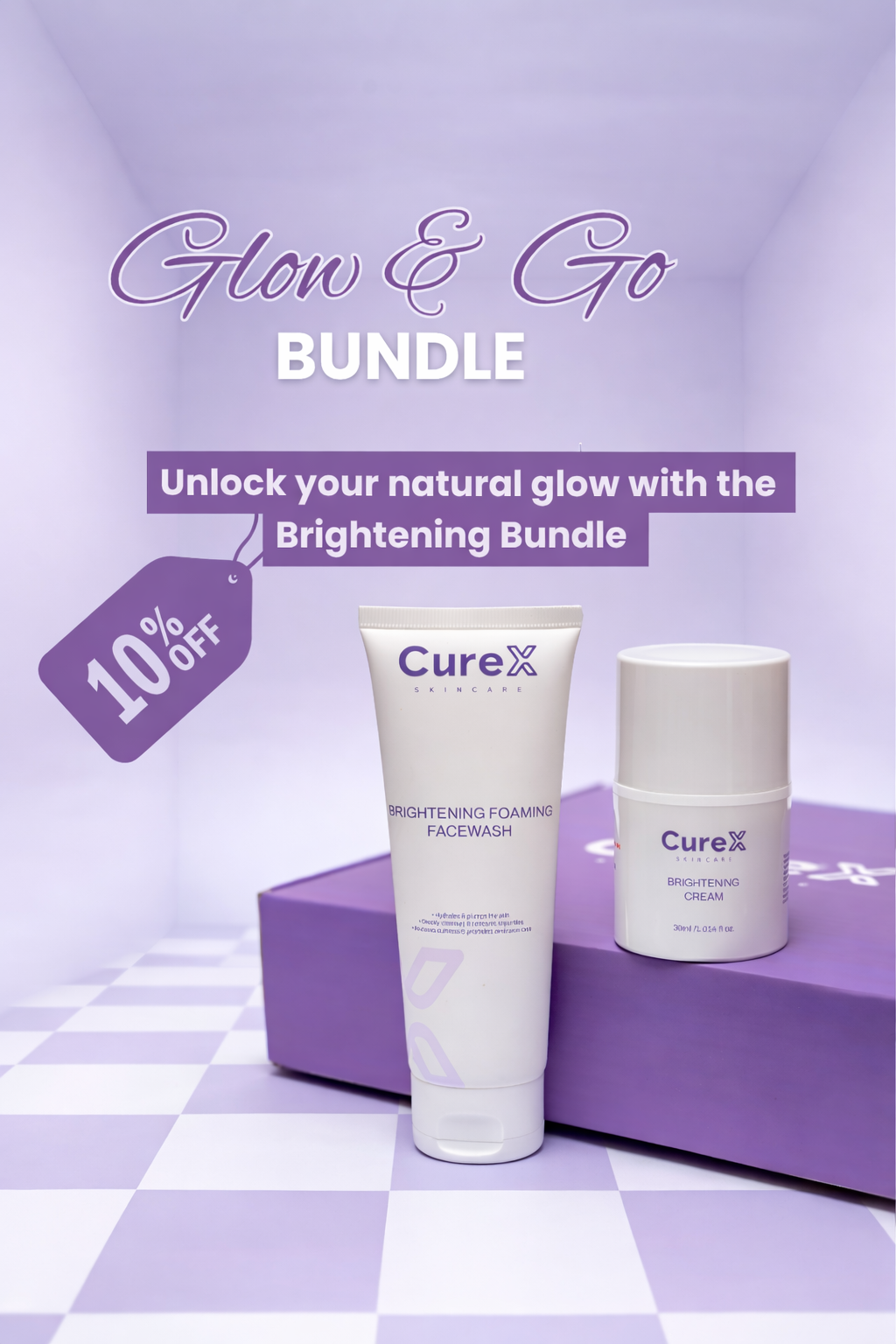 CureX skincare products on a purple and white checkered background with promotional text.