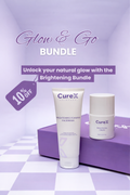 CureX skincare products on a purple and white checkered background with promotional text.