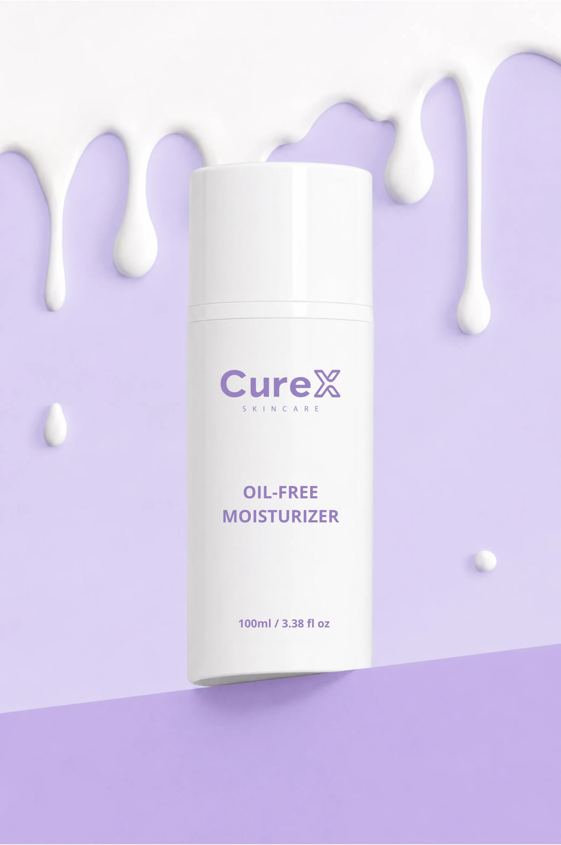 CureX oil-free moisturizer bottle on a light purple background