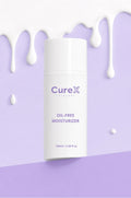 CureX oil-free moisturizer bottle on a light purple background