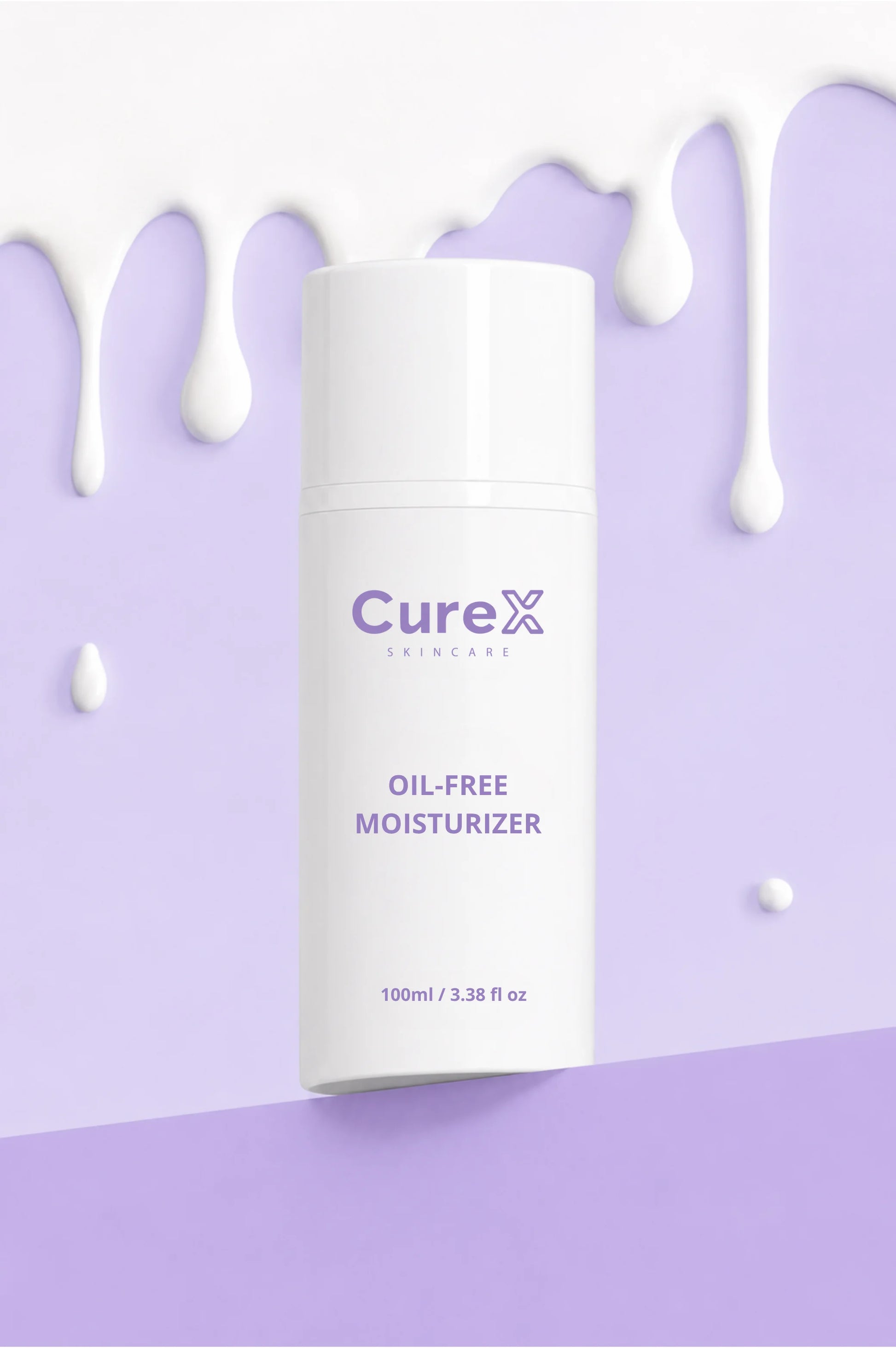 CureX oil-free moisturizer bottle on a light purple background