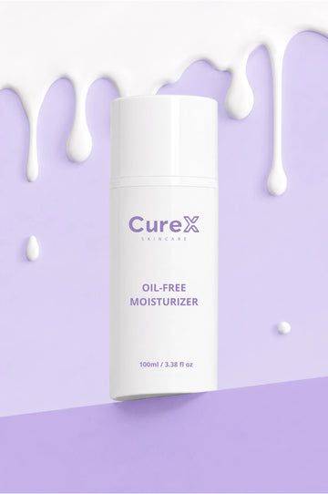 CureX oil-free moisturizer bottle on a light purple background