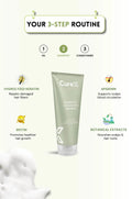 Cure shampoo tube with 3-step hair care routine on a white background