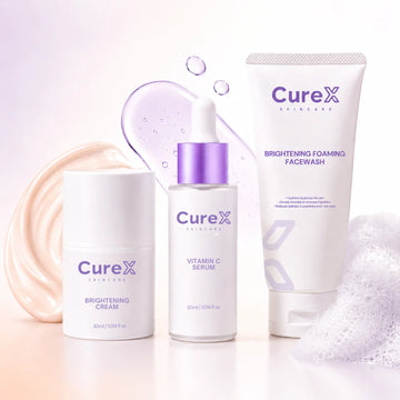 CureX skincare products including cream, serum, and facewash on a light background