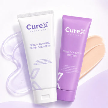 Two Curex skincare products on a light purple background