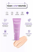 Curex sunscreen tube with 5-step routine on a white background