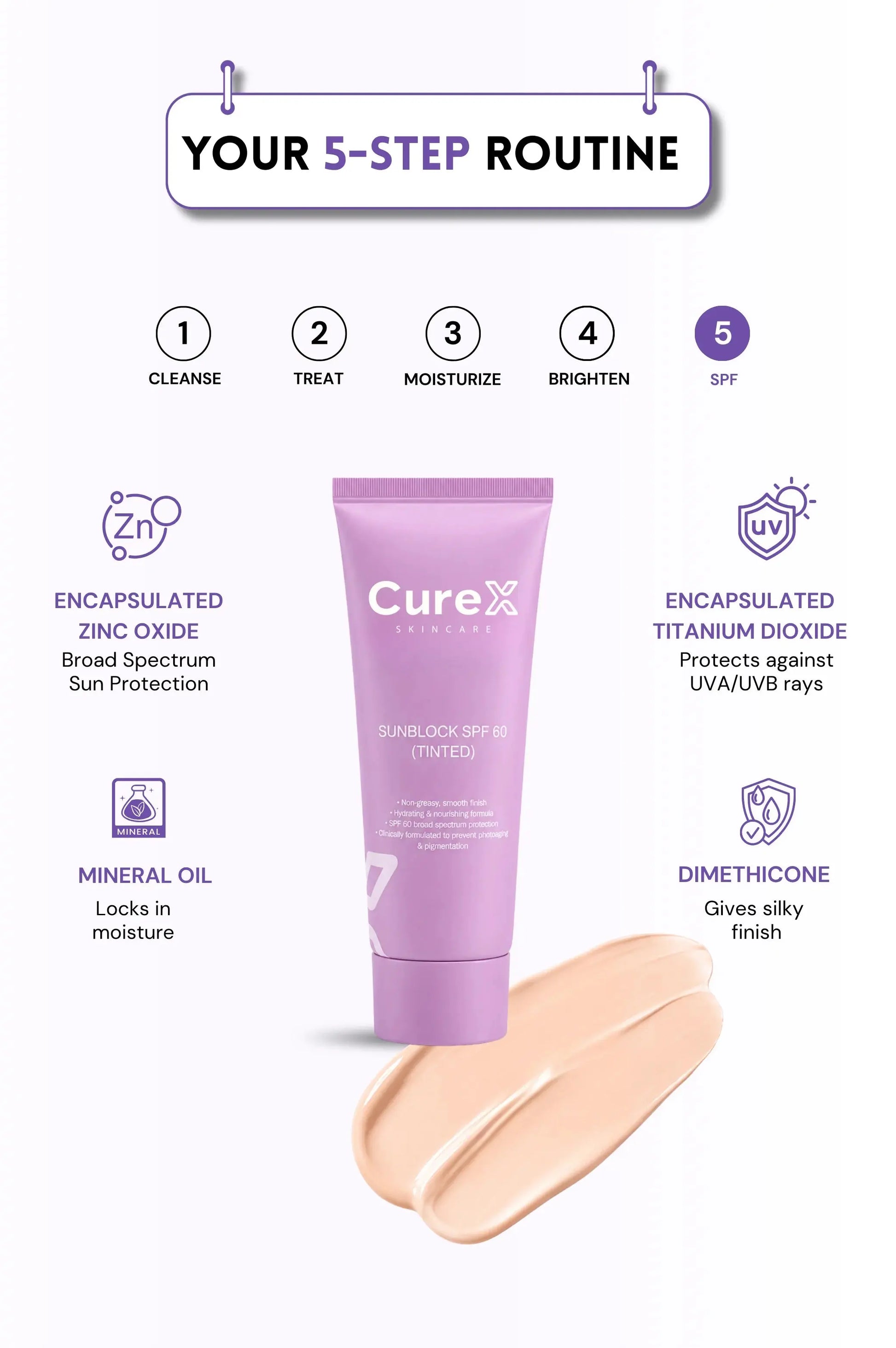 Curex sunscreen tube with 5-step routine on a white background