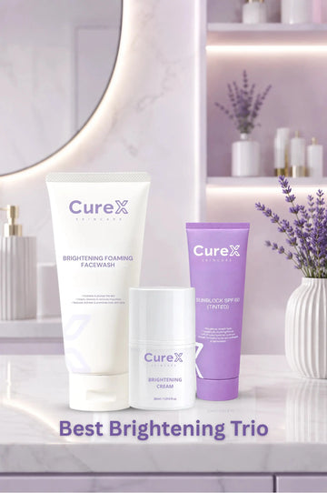 CureX skincare products on a bathroom counter with a mirror and lavender decor.